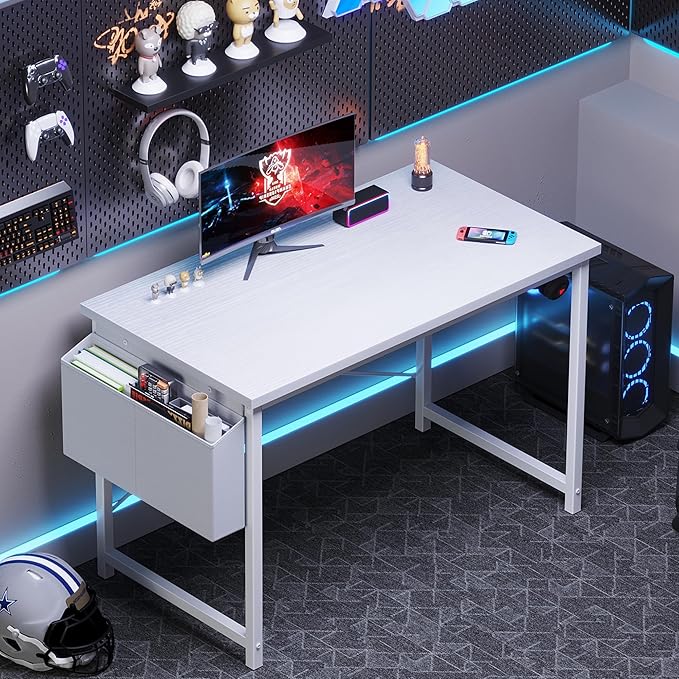OLIXIS Computer Desk, 44 Inch Home Office Desks for Small Spaces, Writing Craft Study Gaming Table for Bedroom, Modern Computer Workstation with Storage Bag and Headphone Hook, White