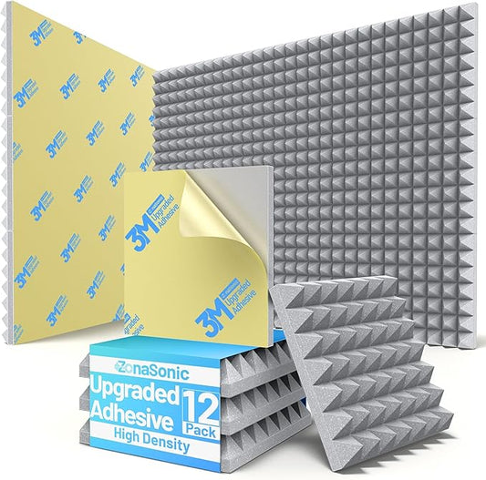 12 Pack Pyramid Sound Proof Foam Panels for Walls with Updated Self-Adhesive 2"X12"X12" High Density Acoustic Panels Sound Absorbing Fast-Expanding Soundproof Wall Panels for Gaming Studio Decor- Gray