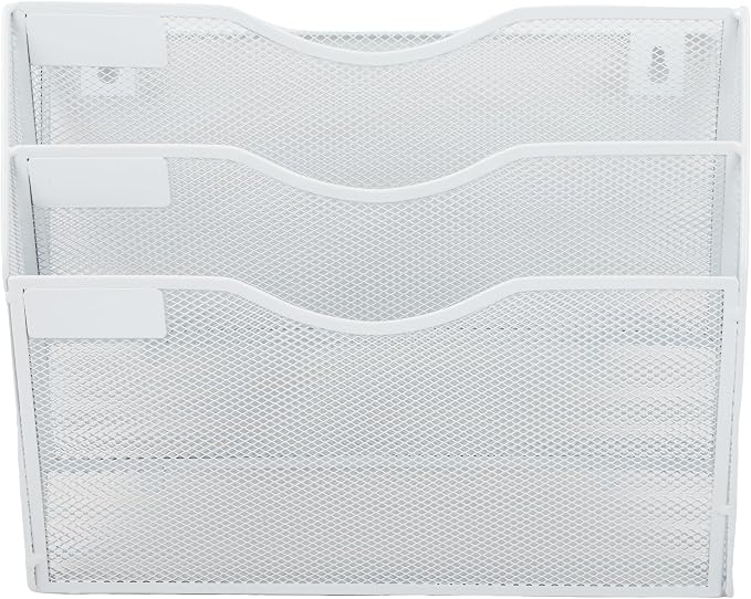 EASEPRES 3 Pocket Mesh Hanging Wall File Organizer, Wall Mounted Mail Paper Document Folder Holder, Clipboard Storage Organization Magazine Rack with Nametag Label for Office Home School, White