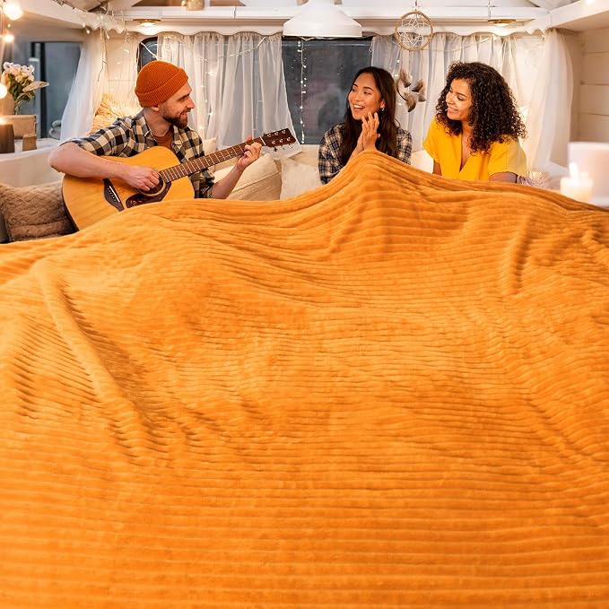 Vessia Flannel Fleece King Size Bed Blanket(108x90 inch), 300GSM Orange Striped Bed Blanket for Adults, Super Soft Warm Cozy Lightweight Ribbed Decor for All-Season