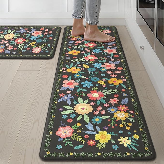 GENIMO Anti Fatigue Kitchen Mats for Floor 2PCS, Cushioned Standing Mats | 17.3"x59"&17.3"x30", Black vintage floral rug set, waterproof, non slip, easy-clean for farmhouse