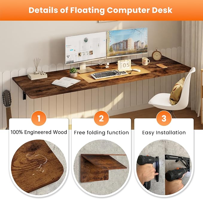 IAE Wall Mounted Floating Foldable Desk, 60" x 22" Folding Computer Workstation Table with Engineered Wood and Metal Shelf Brackets,Fold&Floating Design for Home Office, Apartment,Laundry Room,Rustic