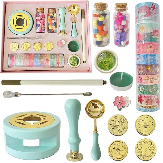 Wax Seal Stamp Kit - Wooden Warmer, 5 Floral Stamps, 120 Wax Beads & Washi Tape - Complete Set for Wedding Invitations & DIY Crafts