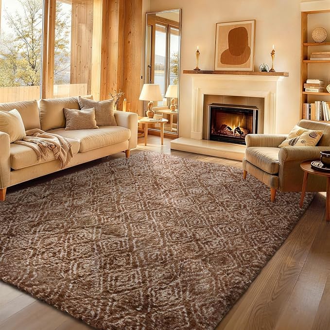Ophanie 8x10 Brown and White Diamond Striped Rugs for Living Room,Large Fluffy Shag Fuzzy Plush Soft Carpets,Shaggy Rug for Bedroom,Carpet for Kids Boys Girls Dorm Decor with Over 99 pcs Pile fibers