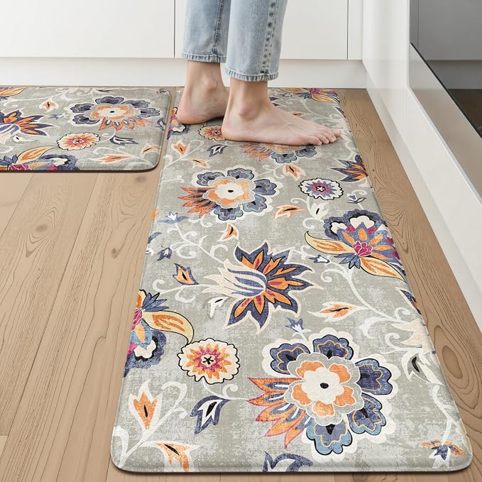 LEEVAN Anti Fatigue Kitchen Mats for Floor, Cushioned Kitchen Mat Set 2PCS | 17.3"x29"+17.3"x47", Boho Floral Blue Gray Kitchen Rugs Non-Slip, Waterproof Ergonomic Standing Mat for Laundry, Office, Sink