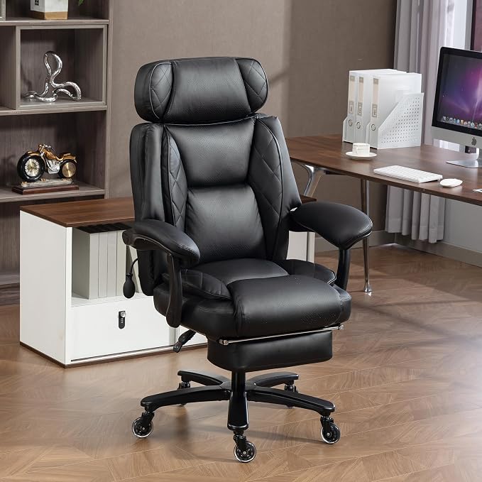 750 LBS Big and Tall Executive Home Office Chair w/Footrest, Black | PU leather, Built for Heavy People, Lumbar Airbag, High Back, Wide Seat, Reclining 90°-155°, Home Office Gaming Room