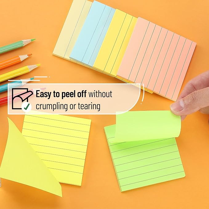 Mr. Pen- Lined Sticky Notes, 3" x 3", 6 Pads, 45 Sheets/Pad, Pastel Color | Sticky Notes with Lines, Ruled Post Stickies, Memo Pads, Self-Stick Note Pad for Office, School, Home, Study & Organization