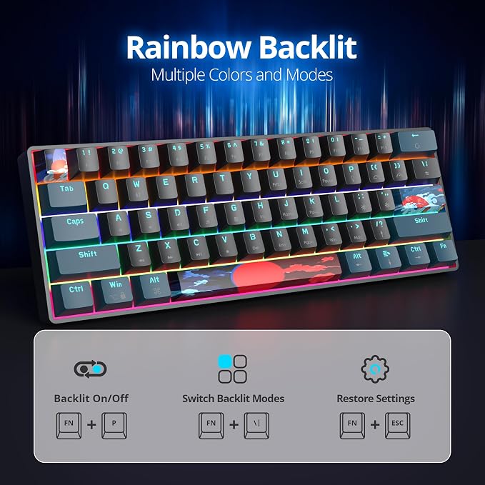 60 Percent Gaming Keyboard 61 Keys Portable Mechanical Keyboard Rainbow Backlit Ultra Compact Wired Keyboard Red Switch for PC Laptop Gamer(61 Monster-B)