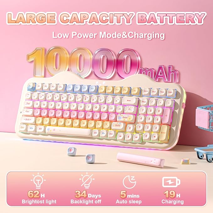 YUNZII C98 Wireless Mechanical Keyboard with Number Pad,99 Key BT5.0/2.4G/USB-C Hot Swap Gasket Mount with PBT MOA Keycaps,Custom RGB,Cute Cake Keyboard for Win/Mac (Beige, Candy Linear Switch)