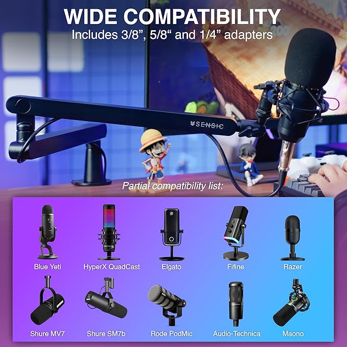 Sensic SA-30 LP Low Profile Microphone Boom Arm, 360° Rotatable Mic Stand, Low Profile Microphone arm for streaming with Cable Management, Professional Mic Arm, Mic Boom Arm Black