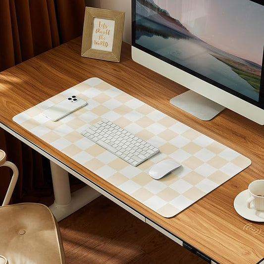 Checkered Desk Mat, 31.5" x 15.7" Large Cute Beige Sand Aesthetic Retro Accessories, PU Leather Computer Laptop Desk Mat Mouse Keyboard Pad, Desk Writing Makeup Mat for Vanity/Work/Home Decor