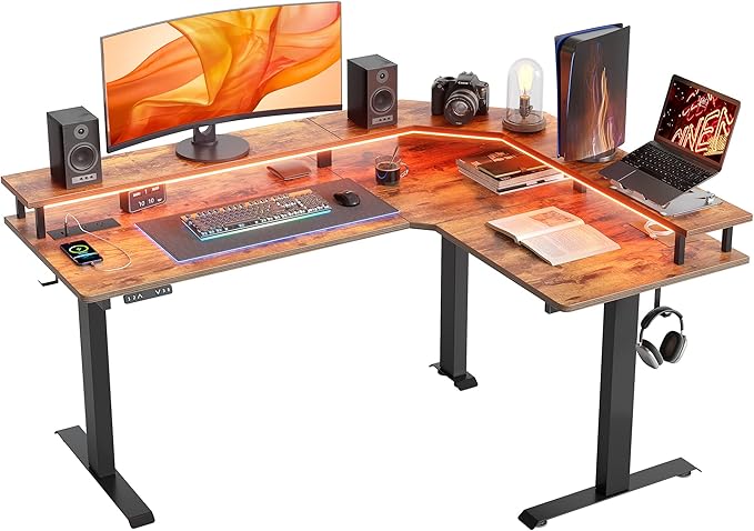 FEZIBO 63"x49" L Shaped Standing Desk with LED Strip & Power Outlets, Height Adjustable Sit Stand Corner Gomputer Desk with Ergonomic Monitor Stand, Rustic Brown Top/Black Frame