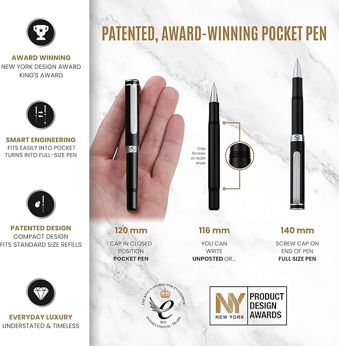 Scriveiner Black Rollerball EDC Luxury Pen, Stunning Pocket Pen with Chrome Finish, bundle with Rollerball Refill Black Medium - 4 Rollerball Refills in one box