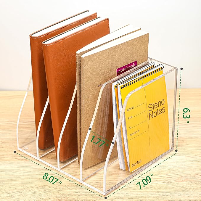 Clear Acrylic Magazine File Holder, 4 Compartment Desk Organizer | 4 spacious vertical compartments hold magazines, files, books & more. 5mm thick clear acrylic, non-slip base. No assembly.