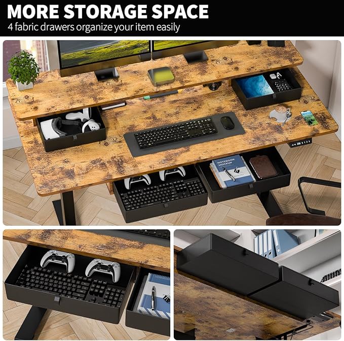 Kingant Electric Standing Desk with 4 Drawers,USB Charging Ports 55"x 30" | Ergonomic Height Adjustable Large Workstation, Heavy-Duty Sit Stand Up Desk For Home Office Daily Work,Rustic Brown