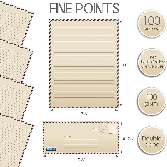 Better Office Products Vintage Airmail Stationery Paper Set, 100-Piece Set (50 Lined Sheets + 50 Matching Envelopes), Letter Size 8.5 x 11 inch, Double Sided & Lined Paper,