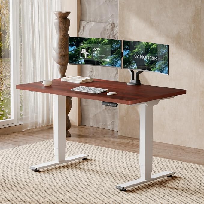 SANODESK Dual Motor Standing Desk 220lbs Height Adjustable Desk | 48"x30" Spacious One-Piece Mahogany Desktop & White Frame, 4 Memory Presets, 3-Stage Legs, 220lbs, 2-Box for Home & Office