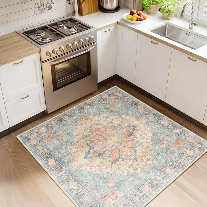 RELEANY Area Rugs Square 4ft Washable Non-Slip, Floral Vintage Distress Medallion Carpet for Living Room Bedroom Dining Room, Blue Orange Red