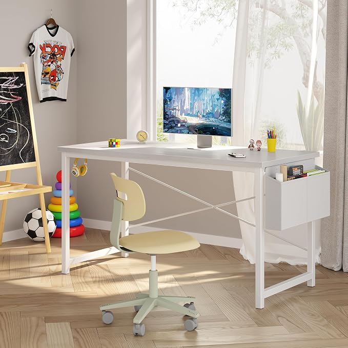OLIXIS 55 Inch Computer Desk for Home Office, Writing Study Craft Gaming Table, Modern Computer Workstation with Storage Bag and Headphone Hook for Bedroom Small Spaces, White