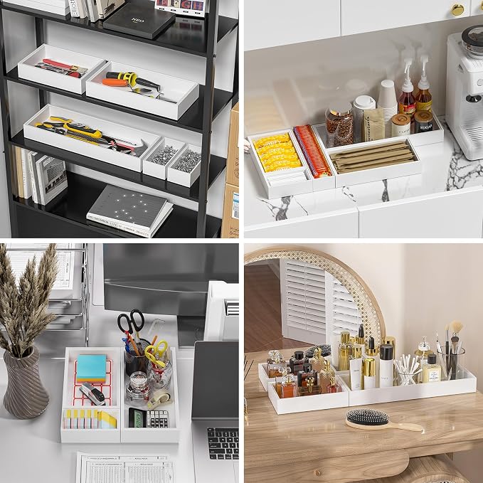 Lixple Kitchen Drawer Organizer - 2 Pack, Stackable Bamboo Drawer Organizers, Wooden Storage Box Tray for Cabinet, Pantry, Bathroom Countertop, Multi-use Organization and Storage (White)