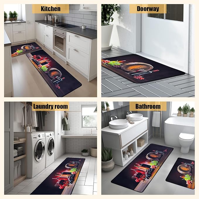 Voanos Kitchen Rugs,Non Skid Washable Microfiber mats for Kitchen Floor,3D Wine Kitchen Cushioned Runner Rug Decor Sets of 2,Size 17"x 47"+17"x 30"