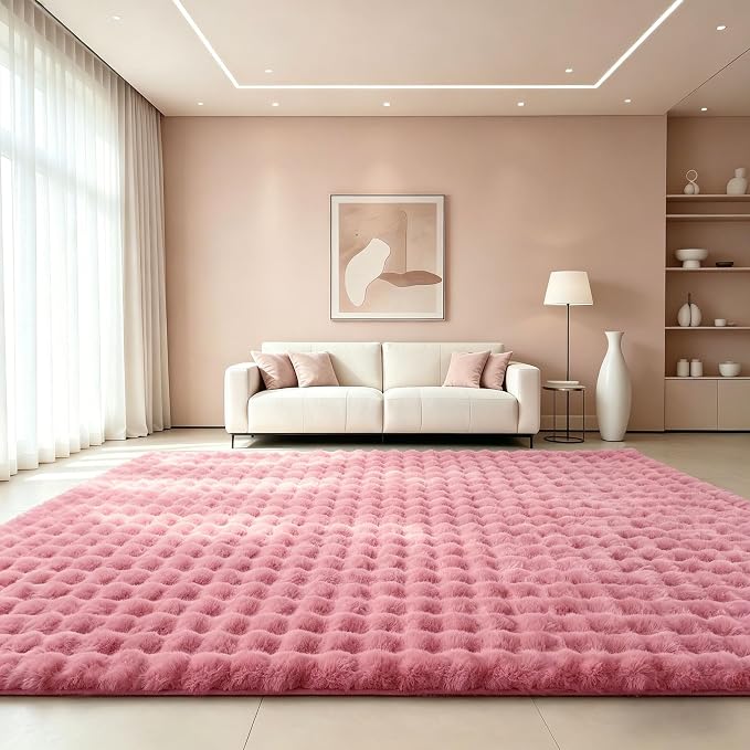 Dusty Rose Rabbit Plush Rug 6'x9', Fluffy Faux Fur Shaggy Area Rug for Nursery, Kids Room Decor, Soft Fuzzy Carpet for Living Room, Bedroom, Teen Girls Room