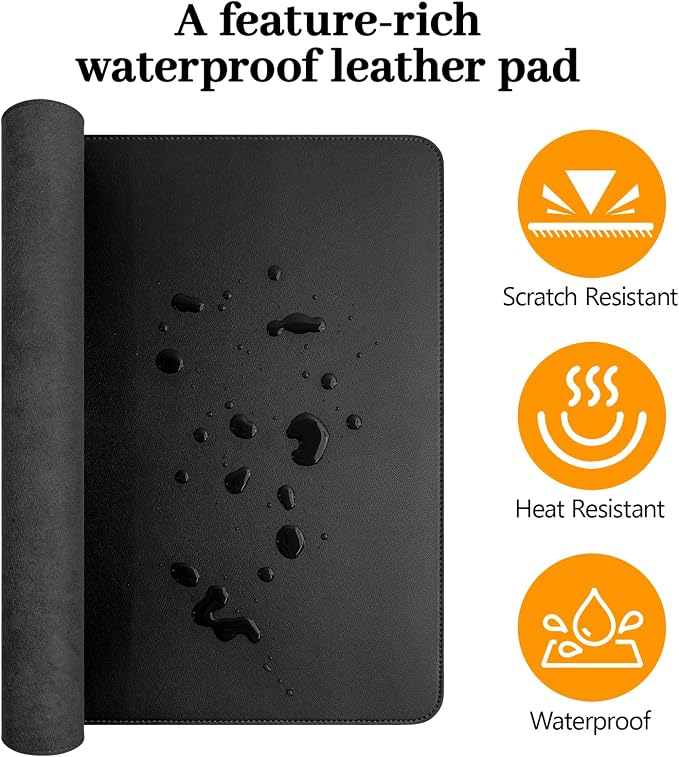Black Leather Desk Pad Large Mouse Pad, 31.5"x15.7" | Waterproof Desk Mat for Keyboard and Mouse, Non-Slip Computer Desk Protector, Smooth Mouse Control for Home Office