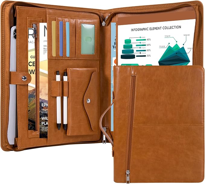 Calfinder Portfolio Binder,Leather Padfolio with Zipper and Handle, Business Padfolio Organizer for Women and Men, A4 Notepad Holder, Gift for Father's Day