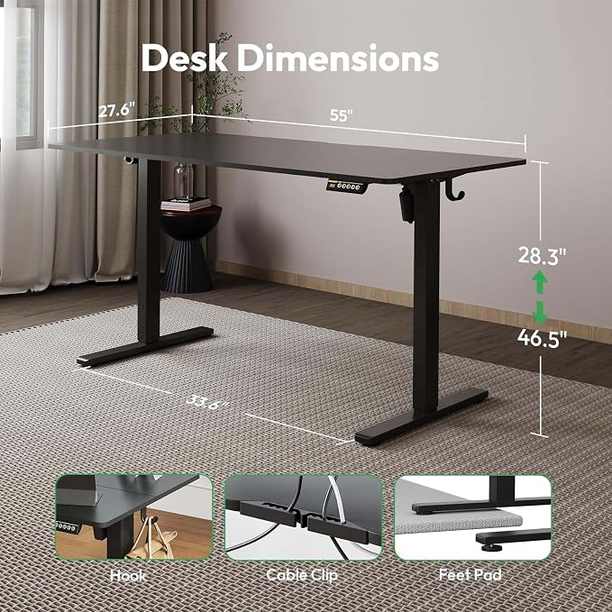 Large Electric Standing Desk,55x28 Inches Adjustable Height Stand up Desk, Sit Stand Home Office Desk, 3 Preset Heights,Equipped with Hooks,Ergonomic Computer Desk Workstation，Black
