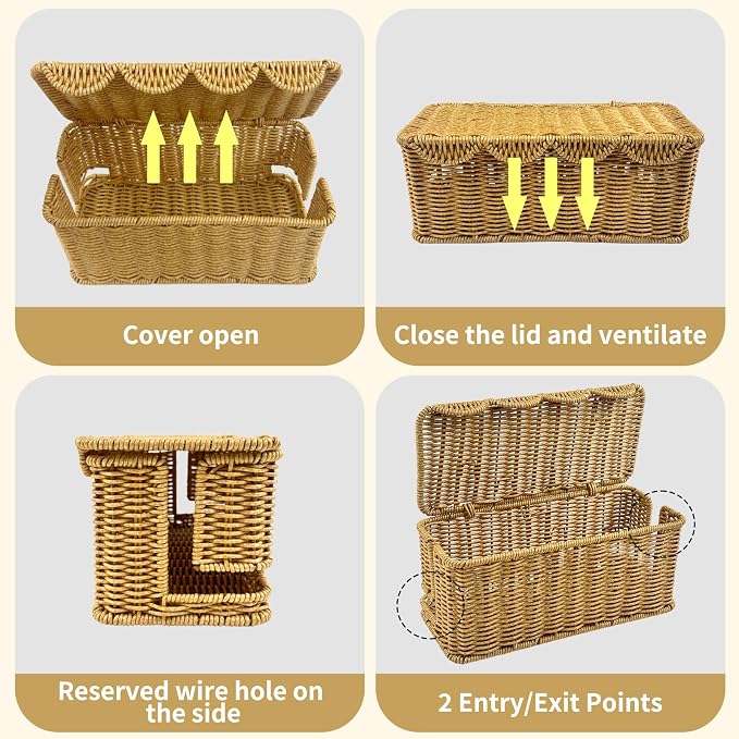 2 Pack Scalloped Edge Cable Management Box Handmade, Plastic Rattan Cable Organizer Box to Hide Wires, Under Desk Cord Organizer for Home TV Wires Computer Router USB Hub Strips (2 Open Slots)