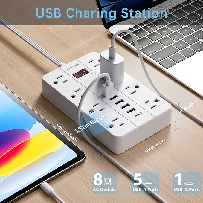 Extension Cord Power Strip 15 Ft, HUNIAN Flat Plug with 8 Widely Spaced Outlets 6 USB (1 USB C Port), Wall Mount Charging Station for Home and Office