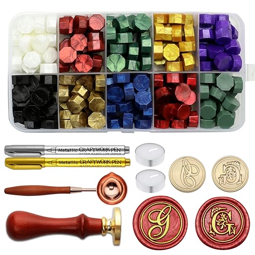 Letter Wax Seal Stamp Kit - Initial Alphabet G Stamp Head 2pcs, Vintage Monogram Stamps Wax Seal Kit with 200pcs Assorted Sealing Beads, Spoon, Metallic Gold Silver Pens