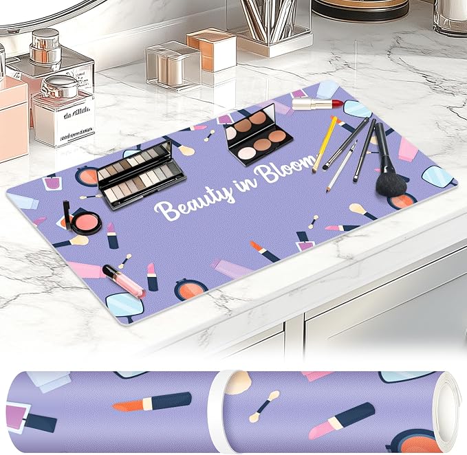 Dual-Sided Waterproof Synthetic Leather Makeup Mat for Desk, Makeup Station, Crafts, Multi-Use Scratch & Stain Resistant Surface Protector Pad for Vanity, Desktop, Craft Table (Purple Cartoon)