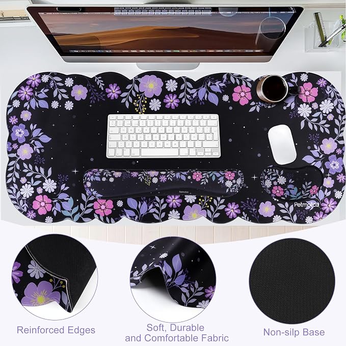 Petmolico Desk Pad Set with Wrist Rest for Keyboard & Mouse, Purple Floral | Anti-slip PU base, durable Lycra & memory foam, relieves wrist fatigue, perfect for work, home & daily use
