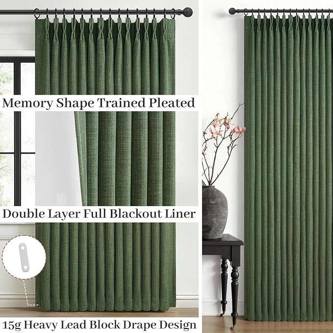 Olive Green Blackout Room Divider Curtains 92 Inches Long 2 Panels Set, Memory Trained Pinch Pleated Thermal Loden Linen Double Layer Soundproof Privacy Neutral Windows Curtain & Drapes with Back Tab