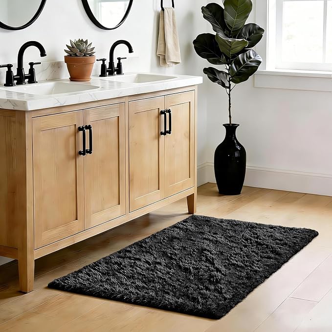 Soft Runner Rugs for Bedroom, Black 2x6 Area Rugs Fluffy Rug Shag Area Rug Carpet, Bedside Rug for Living Room Bedroom Room Home Decor