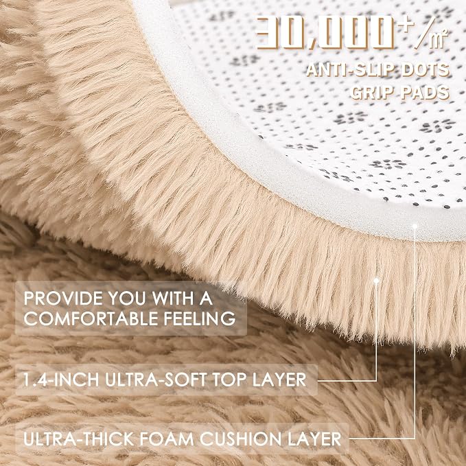 OLANLY Beige Round Rugs for Bedroom - Machine Washable, 8 ft Circle Area Rugs for Living Room, Soft and Fluffy Shaggy Carpet for Teen Girls and Boys, Nursery Rooms, Dorms, Home Decor Aesthetic