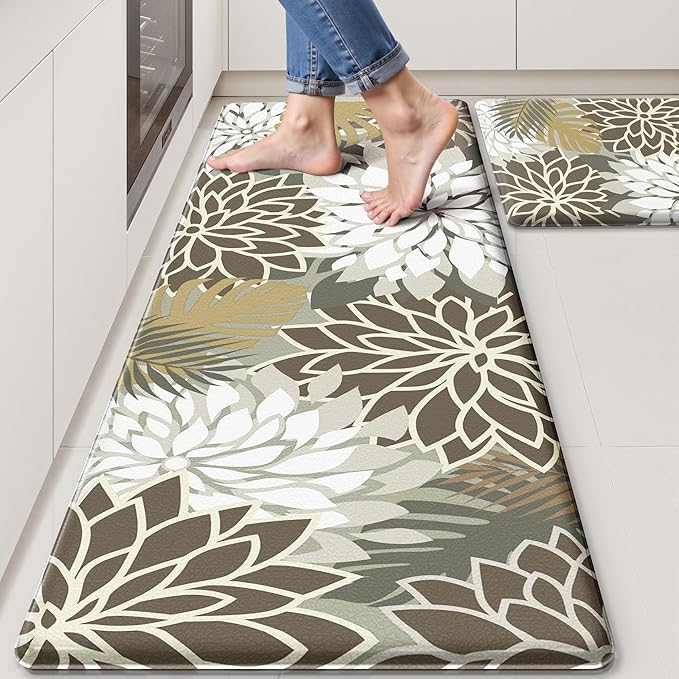 Arenarug Kitchen Mats for Floor 2PCS Cushioned Anti Fatigue Kitchen Mats Waterproof Non Slip Kitchen Mat Rug Set Comfort Foam Standing Mat for Sink, Laundry, Office, 24"x39"+24"x59", Brown White