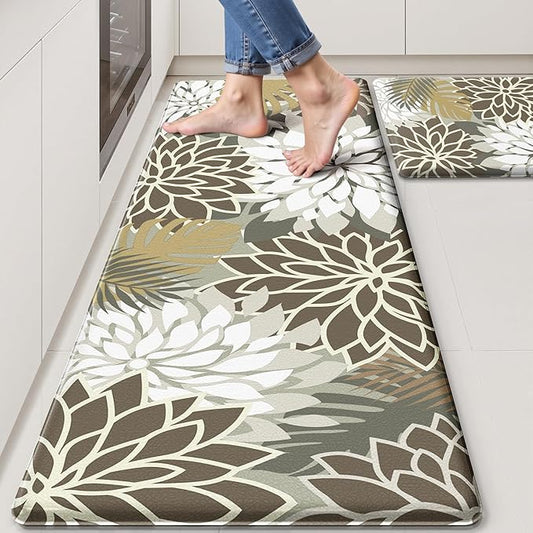 Arenarug Kitchen Mats for Floor 2PCS Cushioned Anti Fatigue Kitchen Mats Waterproof Non Slip Kitchen Mat Rug Set Comfort Foam Standing Mat for Sink, Laundry, Office, 24"x39"+24"x59", Brown White