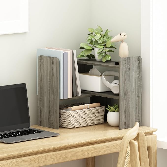 Furinno Classic Geometric Desk Organizers and Accessories, Grey Oak | Desk Top Book Shelf, for Office Supplies, Organization, Desk Accessories