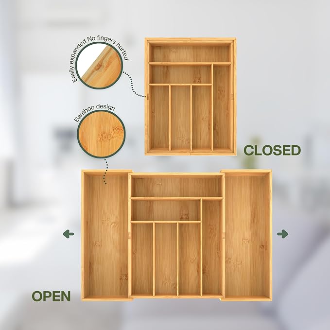 BAMEOS 3.9inch Tall Bamboo Drawer Organizer, Expandable Utensil Holder with 8 Compartments, Adjustable Kitchen Drawer Divider for Flatware, Silverware and Gadgets, Deep Storage for Home and Office
