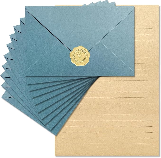 Tuhangcc Premium Velvet-Touch Stationery Set Unique Design with 24 Writing Sheets, 12 Envelopes (4x6)- Elegant Writing Kit for Love Letters & Party Invition (Lake Blue Sticker)