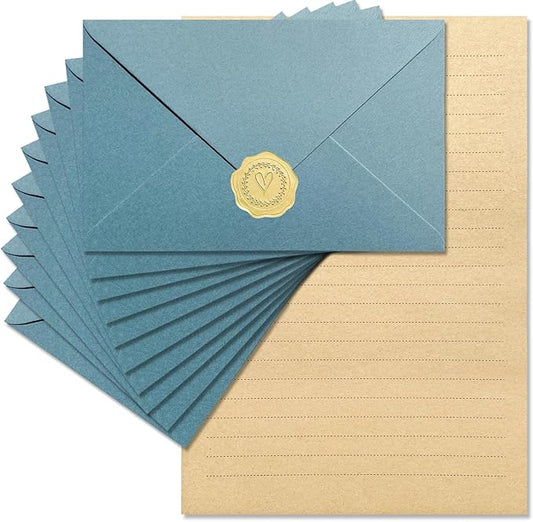 Tuhangcc Premium Velvet-Touch Stationery Set Unique Design with 24 Writing Sheets, 12 Envelopes (4x6)- Elegant Writing Kit for Love Letters & Party Invition (Lake Blue Sticker)
