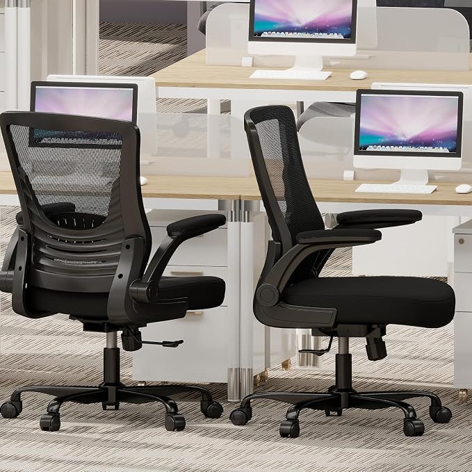 Ergonomic Office Chair – Comfy Mesh Desk Chair with Flip-Up Armrests & Smooth-Rolling Caster, Adjustable Height Home Computer Chair, Breathable & Supportive for Long Hours Sitting