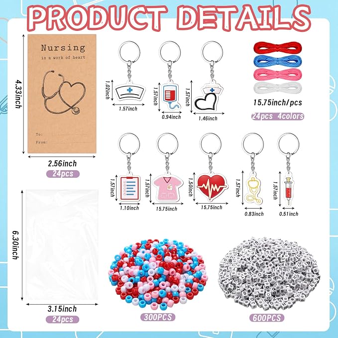 Suncalla 996 Pcs 24 Set Nurse Keychain Making Kit Medical DIY Key Chain Crafts Women Nurse Week Appreciation Gift Adjustable Letter Beads Cards String Kit Accessories Thank You Nurses Day Party Favors