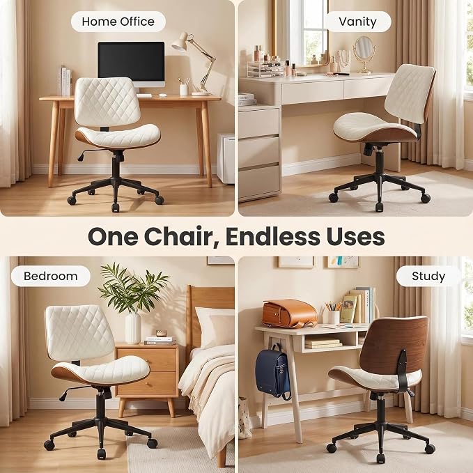 Furnimart Wooden Armless Desk Chair with Wheels, 360° Swivel Faux Leather Vanity Chair for Bedroom, Small Office Computer Task Chair for Home & Compact Spaces (PU White)