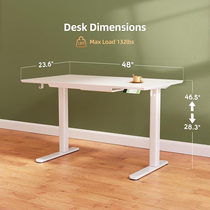 INNOVAR 48×24 Inch Super White Glass Standing Desk with Drawers | Tempered Glass Top, Ergonomic, Adjustable Height, Stand Up Desk,4 Memory Presets
