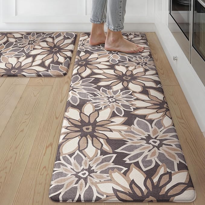 GENIMO Anti Fatigue Kitchen Mats for Floor 2PCS, Cushioned Standing Mats | 17.3"x59"&17.3"x30", Deep Brown vintage floral rug set, waterproof, non slip, easy-clean for farmhouse