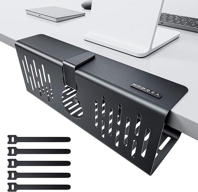 NODOCA No Drill Under Desk Cable Management Tray, 14'' Wire Management, Punch-Free Clamp on, Metal Cable Tray, Wire Organizer Under Desk, Under Desk Basket for Office and Home, Black