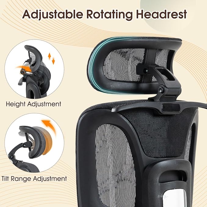 ECOTOUGE Black Ergonomic High Back Mesh Office Chair with Footrest | Adjustable Lumbar Support, Headrest, 360° Swivel, Reclining, Rolling Casters, Sturdy Base, for Home Office & Gaming